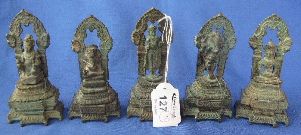 Five probably bronze Indian or South East Asian devotional figures of various deities mounted