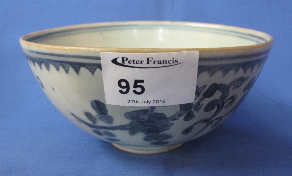 Chinese porcelain blue and white bowl decorated with birds and floral branches with Chop mark to