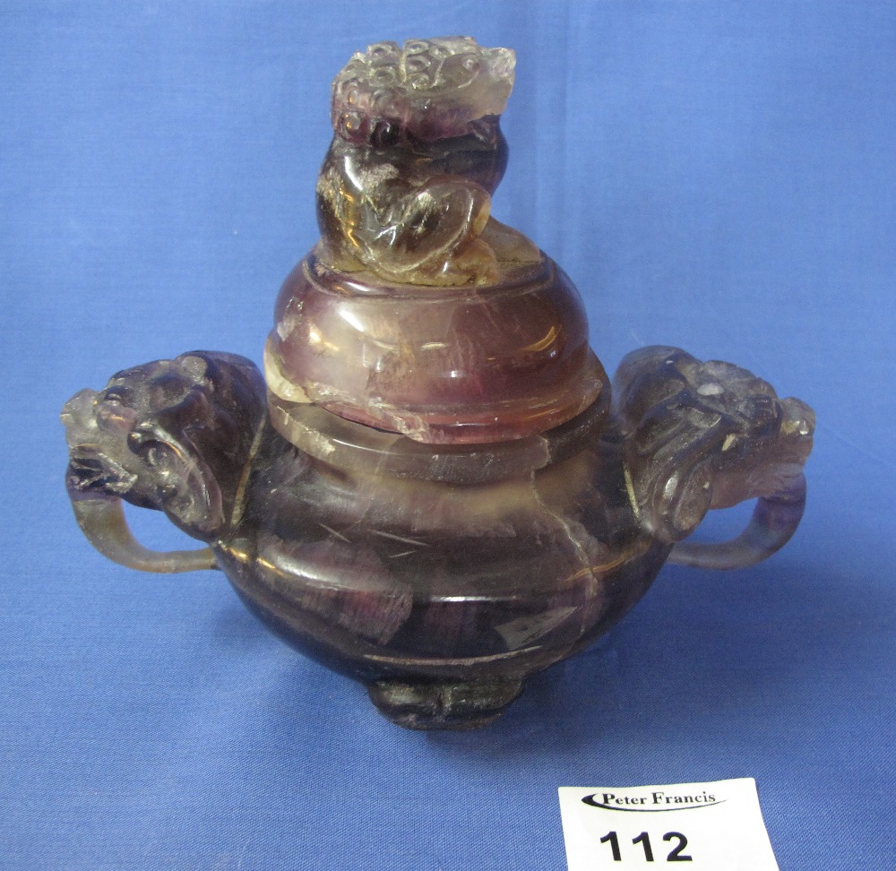 Chinese translucent hardstone lidded censer of archaic form having carved lion mask handles and Dog