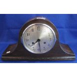 Mid Century oak two train, hat shaped mantel clock.