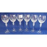 Set of six clear and frosted glass hock glasses. Unmarked.