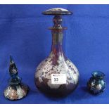 Laugharne glass silver overlay cranberry coloured decanter with mushroom stopper,