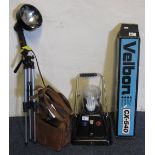 Shooting lamp with tripod, battery and leather cartridge case,