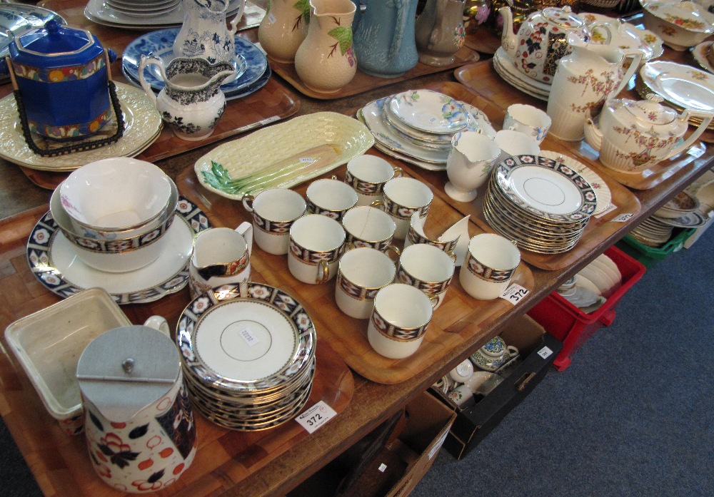 Four trays of assorted china to include Sutherland china imari design coffee set to include coffee