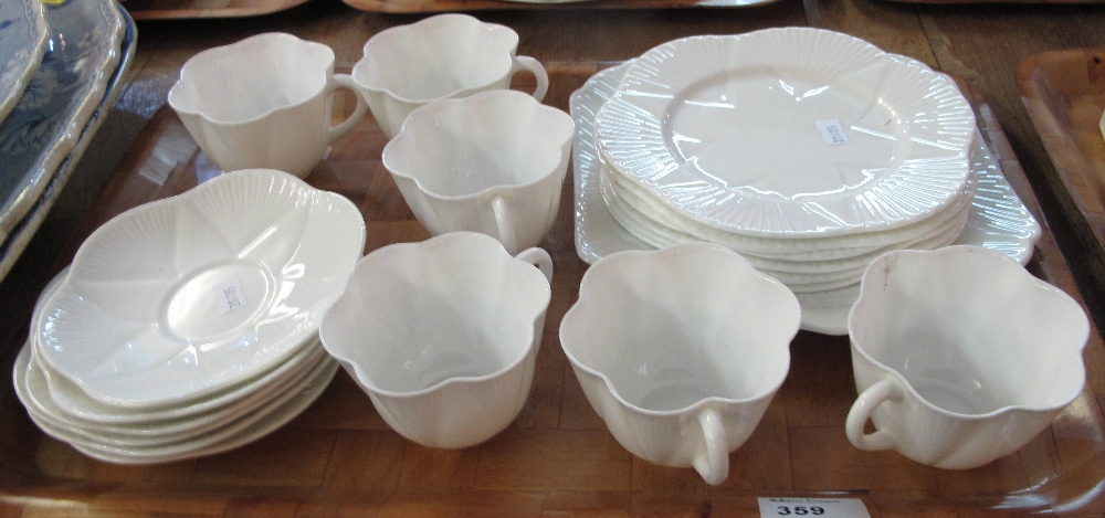 Tray of white Shelley fluted fine bone china part tea set to include: cups and saucers;