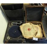 Box of 78rpm records and a wind up gramophone.