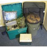 Assorted fishing tackle and shooting items to include: tackle box; camo netting; cylinder drum seat;