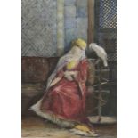 DU PLESSIS Georges (1852- ?) Jeune turque au perroquet, circa 1880. Aquarelle. Signé en bas à