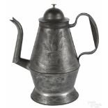 Bucks County, Pennsylvania tin wrigglework coffee pot, ca. 1850, stamped J. Ketterer, decorated with