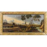English oil on panel overmantel landscape, ca. 1800, 24'' x 50''. Provenance: The Estate of