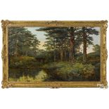 English oil on canvas wooded landscape, late 19th c., signed Allen, 30'' x 50''.