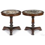 Pair of Italian mahogany center tables with mosaic tops, ca. 1830, the first with a classical figure