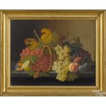 Severin Roesen (American 1815-1872), oil on wood panel still life of fruit and a basket on top of