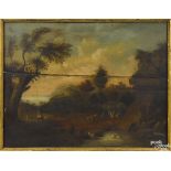 English oil on panel overmantel landscape, 19th c., 33'' x 43''. Provenance: Delaware collection.