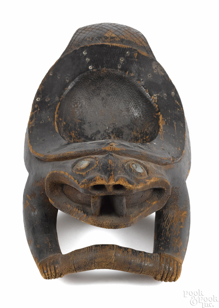 Northwest Coast carved and painted cedar beaver bowl, 19th c., with abalone eyes, 6'' h., 15'' w. - Image 4 of 4