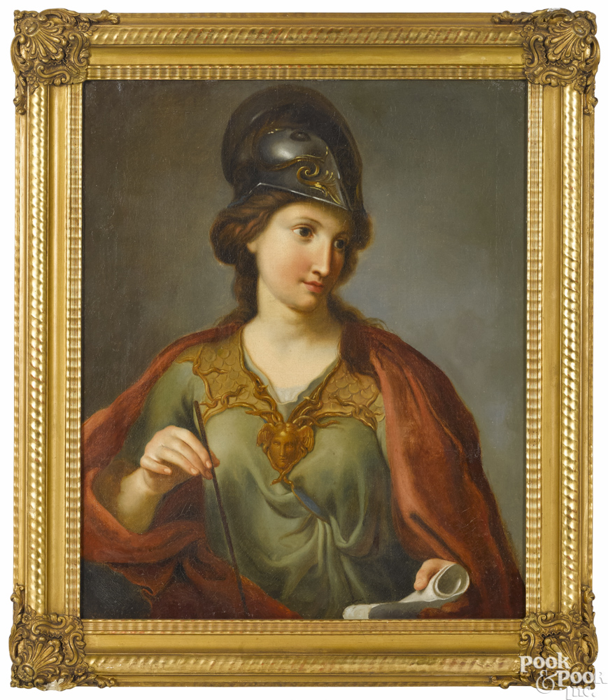 French oil on canvas allegorical figure, early 19th c., 30'' x 24 3/4''.
