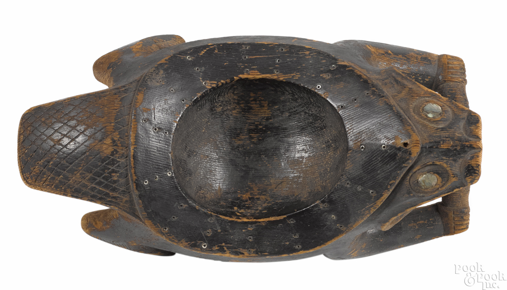Northwest Coast carved and painted cedar beaver bowl, 19th c., with abalone eyes, 6'' h., 15'' w. - Image 2 of 4