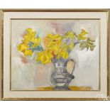 Hans Moller (American 1905-2000), oil on canvas still life of a pitcher of flowers, signed lower