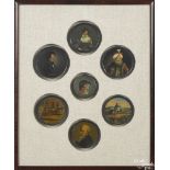 Seven framed lacquer dresser boxes, 19th c., five with bust-length portraits, another with the