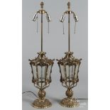 Pair of brass table lamps with etched glass panels, 34 1/2'' h.