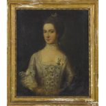 English oil on canvas portrait of a woman, late 18th c., 28 1/2'' x 24''. Provenance: Lavino