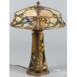 Painted white metal and slag glass table lamp, early 20th c., 21 1/2'' h., 16'' dia.