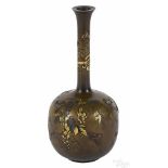 Miyabe Atsuyoshi, Japanese bronze bottle vase with carved and inlaid foliate and bird decoration,