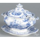 Blue Staffordshire Marmora tureen, ladle, and undertray, 19th c., 11'' h., 14 1/2'' w.