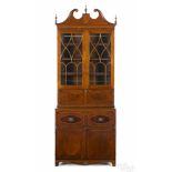 George III inlaid mahogany three-part secretary, ca. 1780, 114'' h., 41 3/4'' w.