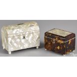 English mother of pearl tea caddy, 19th c., 4 1/2'' h., 5 3/4'' w., together with a tortoiseshell
