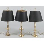 Three Baldwin brass candlestick table lamps, 22'' h.