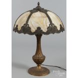 Gilt metal and slag glass table lamp, early 20th c., 24 1/2'' h., 18'' dia.