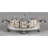 English silver standish, 1884-1885, bearing the touch EH, 3 3/4'' h., 9'' w. Provenance: Property