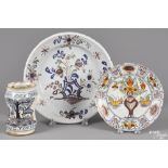 Delft polychrome charger, 18th c., 12 1/4'' dia., together with a plate, 8 3/4'' dia., and a jar,
