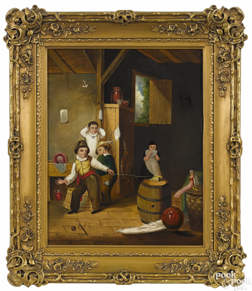 Continental, 19th c., amusing oil on canvas interior scene of a boy firing a toy cannon at a doll,