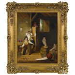 Continental, 19th c., amusing oil on canvas interior scene of a boy firing a toy cannon at a doll,