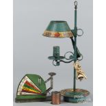 Reproduction painted tin lamp, 20'' h., together with a Jiffy Way scale and a copper mug.