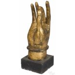 Oriental carved and gilded hand, possibly a Mudra pose, 26'' h.