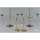 Pair of Baldwin brass candelabra, 15 1/2'' h., together with a pair of Williamsburg reproduction