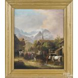 German oil on canvas village scene, 19th c., 20 3/4'' x 17''. Provenance: Reading, Pennsylvania