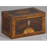 Hepplewhite mahogany tea caddy, ca. 1800, with shell and fan inlays, 4 3/4'' h., 8'' w.
