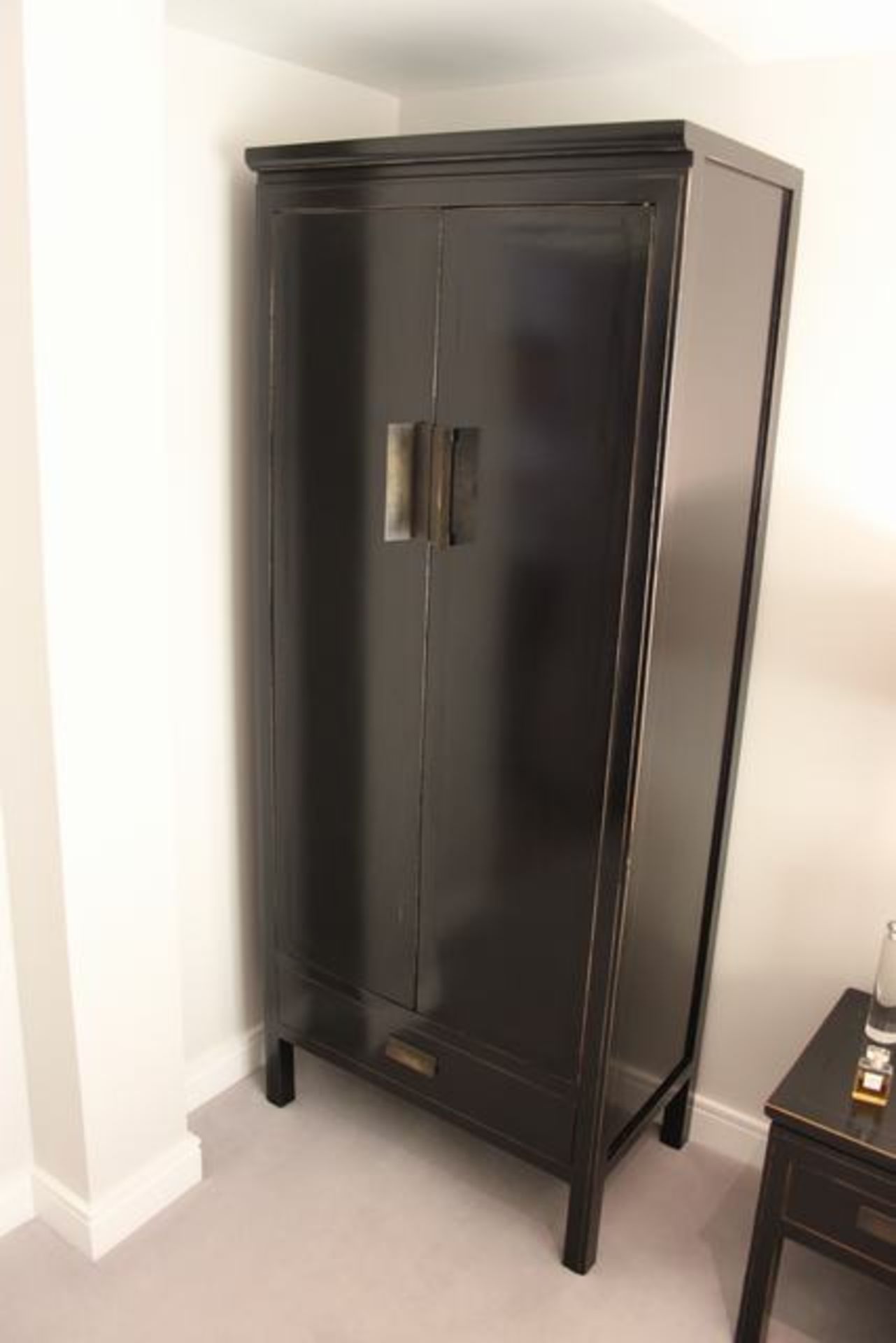 Shanghai two door wardrobe with single full base drawer metal bronze effect handles 850mm x 500mm