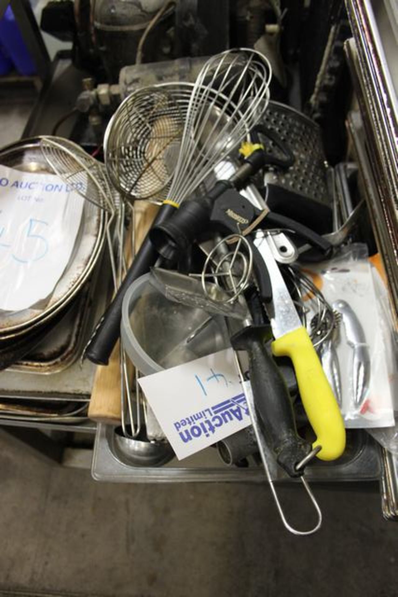 Various kitchen / chef utensil comprising whisk baskets, knives, ladles etc.