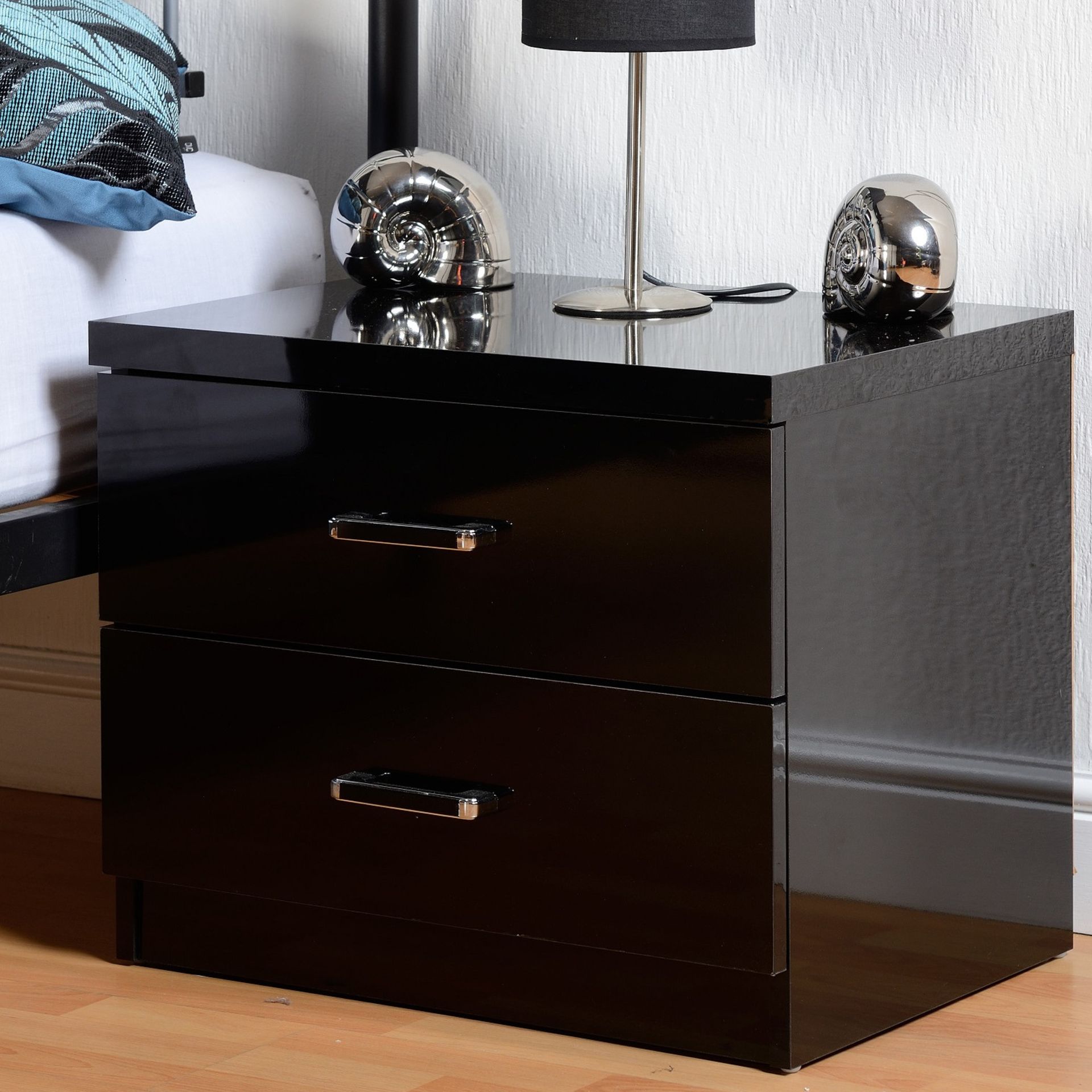 A pair of Boston two drawer bedside cabinets wooden construction in bold black finish 540mm x