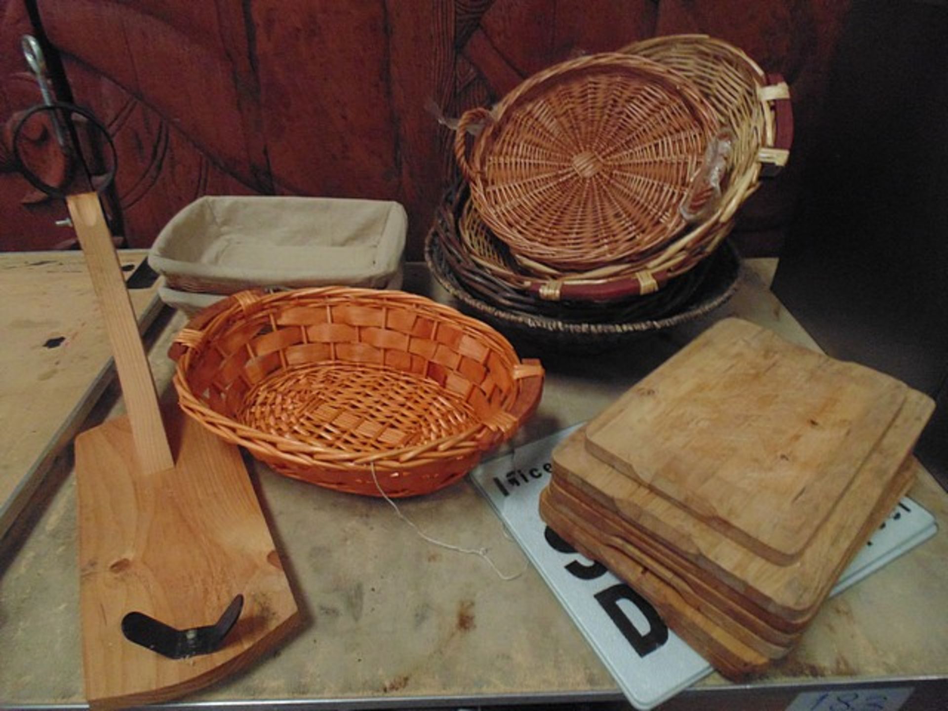 Various weave baskets a Basic Iberico ham stand with wooden base and various wood square fruit