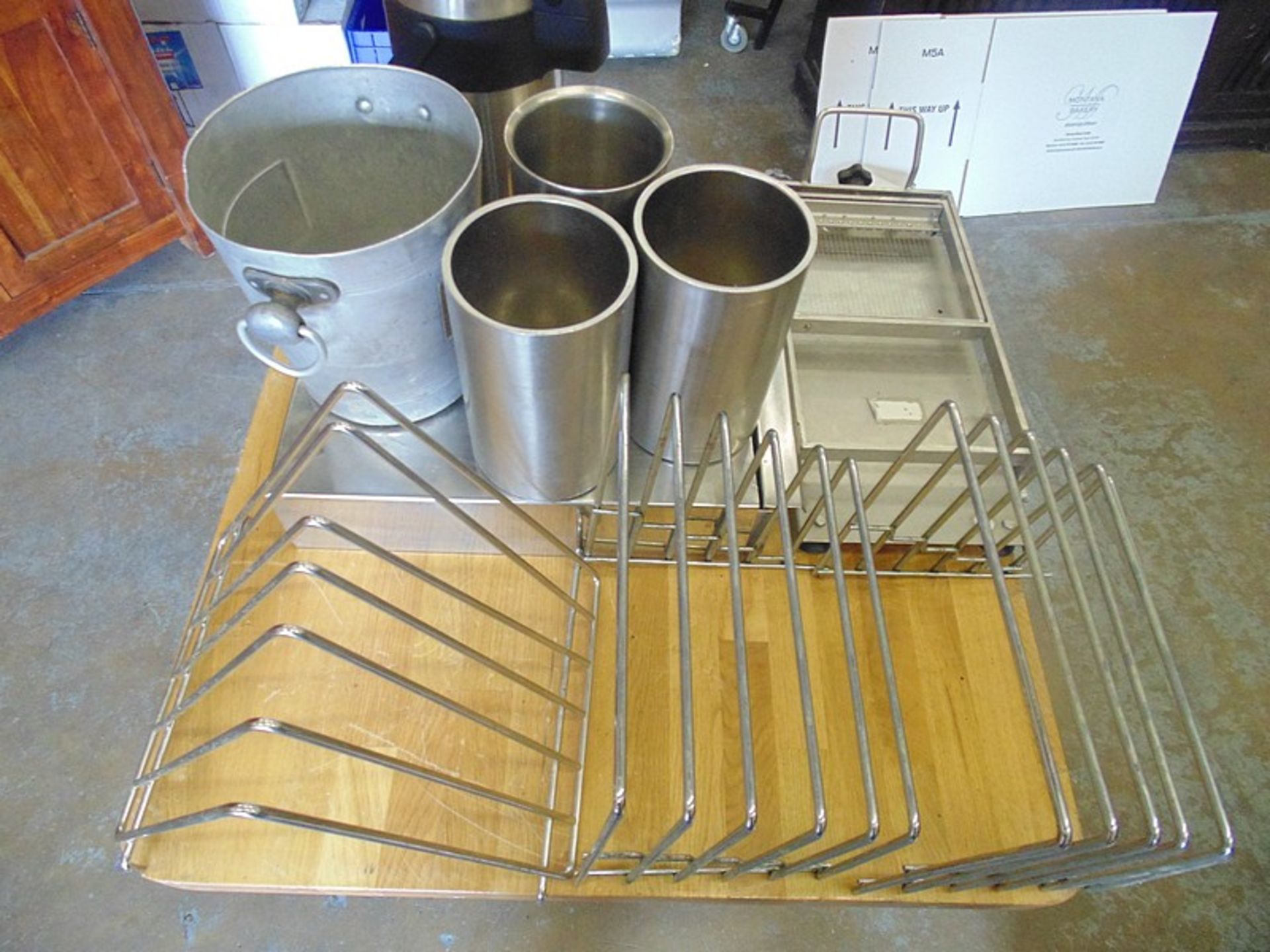 Job lot comprising of cheese wire cutter, 3 x stainless wine coolers, 3 x stainless chopping board