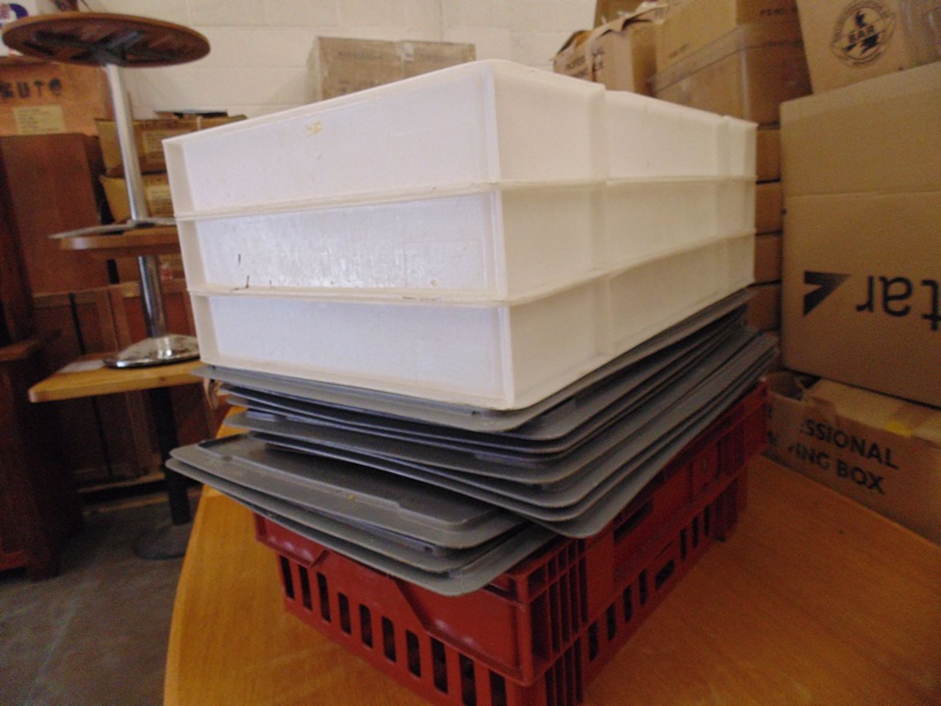 3 x Linpac Allibert white stacking trays 450mm x 750mm with also 2 x brown product trays and 10 x