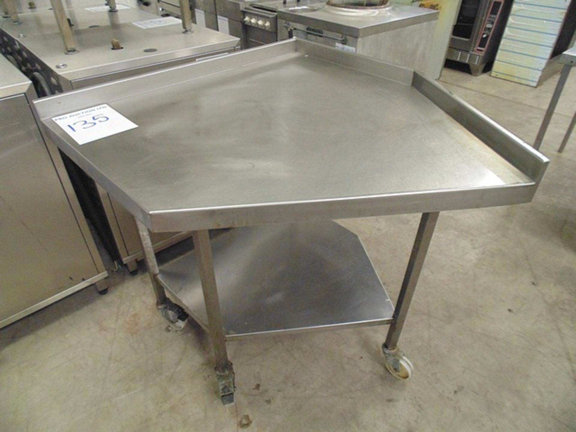 Stainless steel mobile corner preparation table with upstand and shelf 1000mm x 1080mm x 900mm