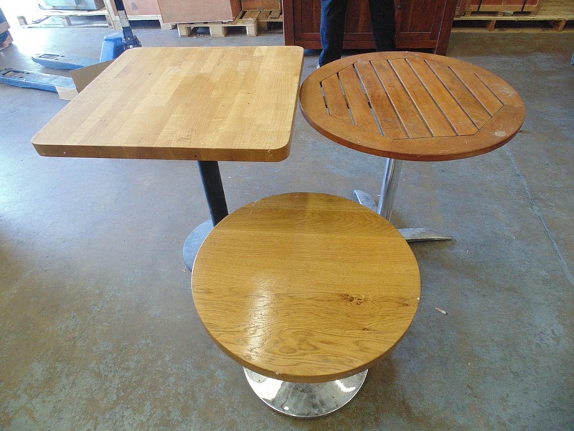 3 x wooden top bistro tables 1 x 600mm round, 1 x 700mm round and a square 700mm x 700mm