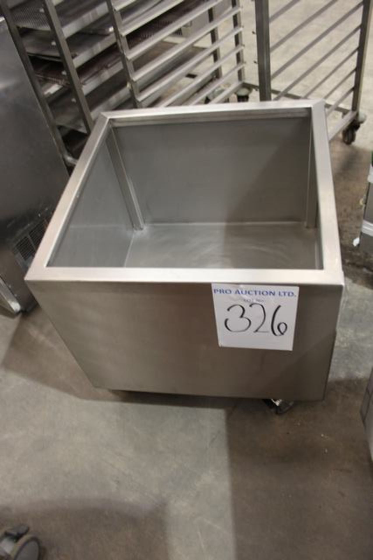 Stainless steel mobile tote style bin 600mm x 600mm x 400mm deep